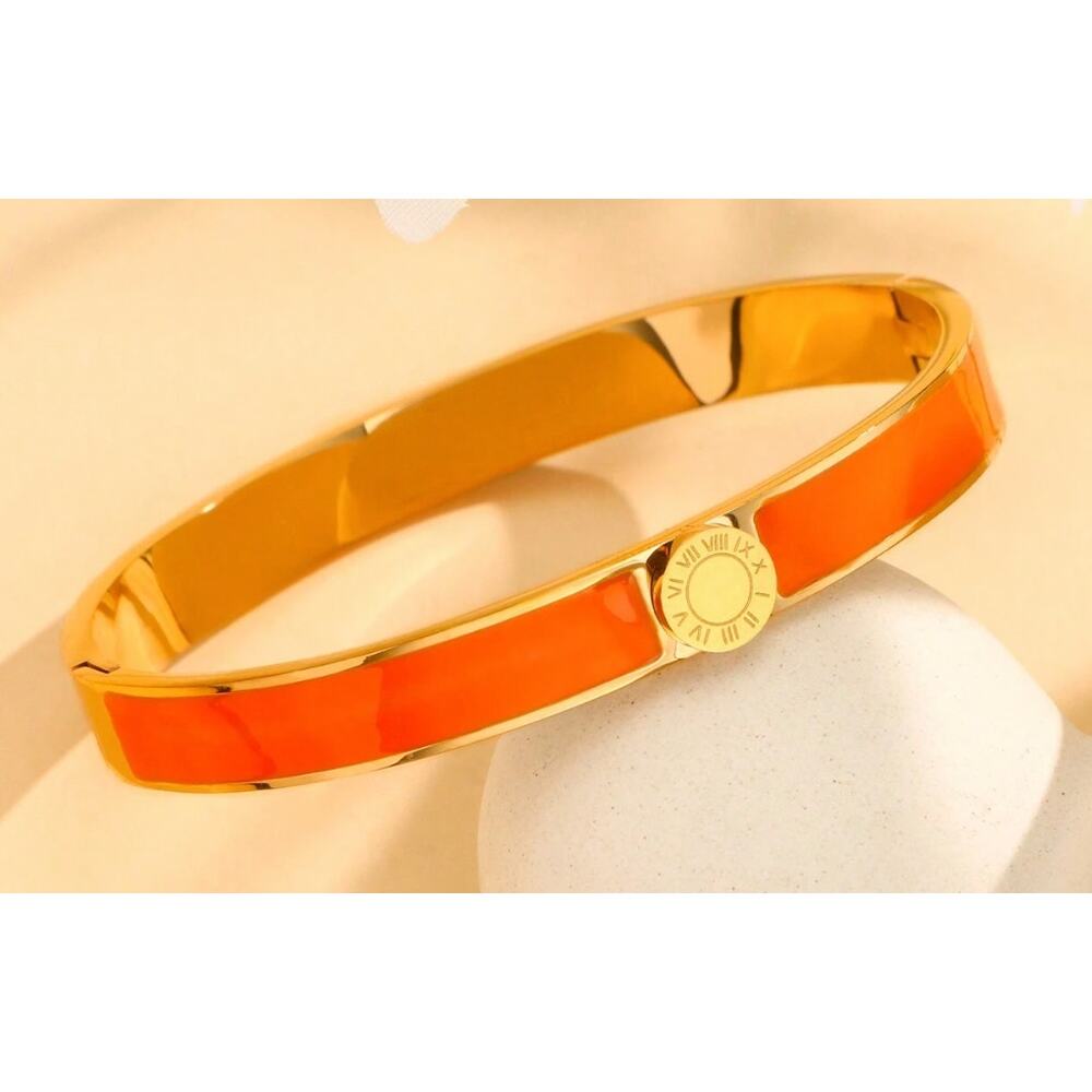 Round Roman Numerals Ring Stainless Steel Enamel Bangles - Orange - Size 6 - Picture 3 of 3